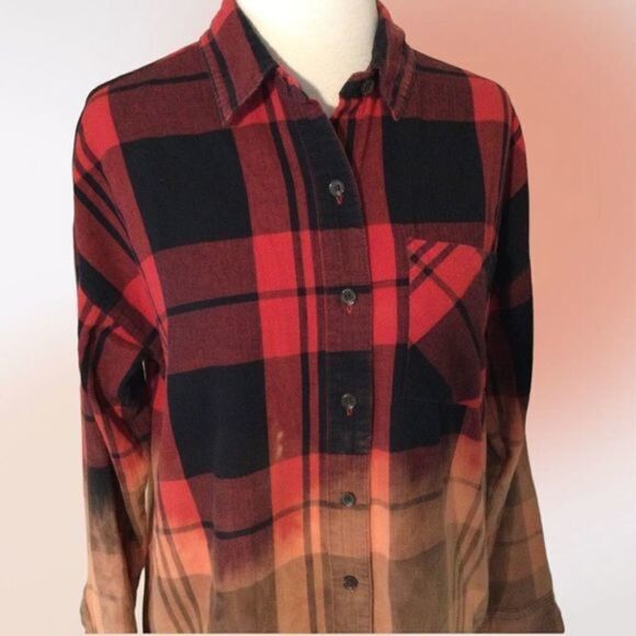 Old Navy Upcycled Bleached Red Black Orange Plaid Flannel Button Up Shirt Size S - Picture 6 of 12